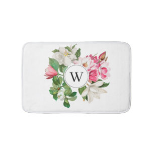 Vintag-Weiß-und rosa-Magnolien-Blume Monogramm Badematte