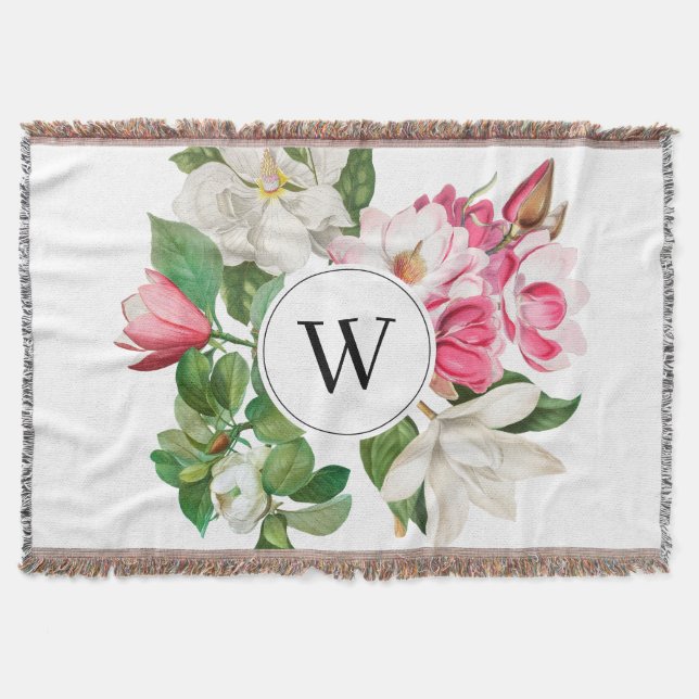 Vintag-Weiß-und rosa-Magnolien-Blume Monogramm Decke (Vorderseite)