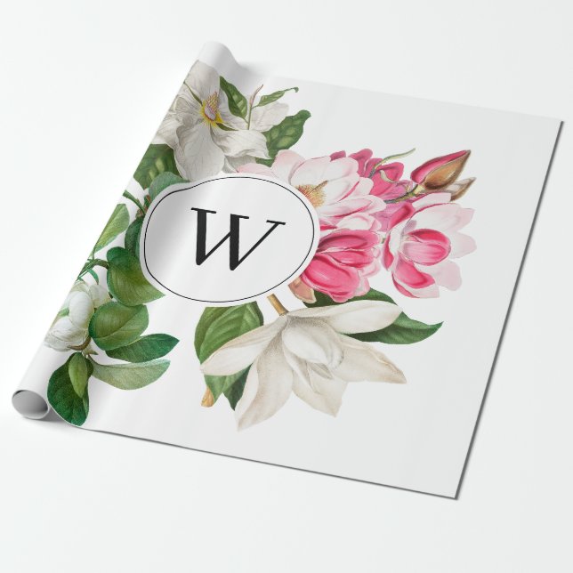 Vintag-Weiß-und rosa-Magnolien-Blume Monogramm Geschenkpapier (Ungerollt)