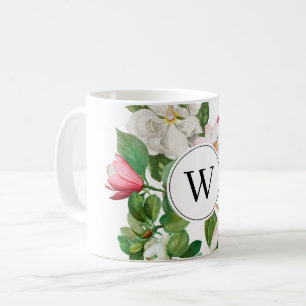Vintag-Weiß-und rosa-Magnolien-Blume Monogramm Kaffeetasse