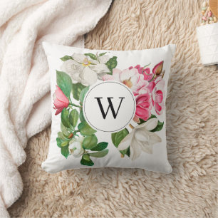 Vintag-Weiß-und rosa-Magnolien-Blume Monogramm Kissen