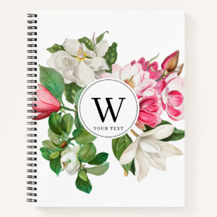 Vintag-Weiß-und rosa-Magnolien-Blume Monogramm Notizbuch