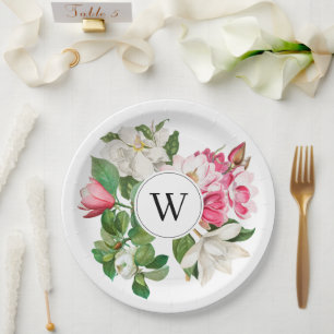 Vintag-Weiß-und rosa-Magnolien-Blume Monogramm Pappteller