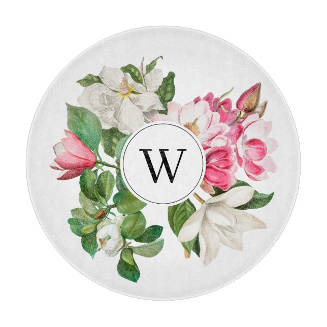 Vintag-Weiß-und rosa-Magnolien-Blume Monogramm Schneidebrett (Vorderseite)