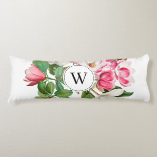 Vintag-Weiß-und rosa-Magnolien-Blume Monogramm Seitenschläferkissen