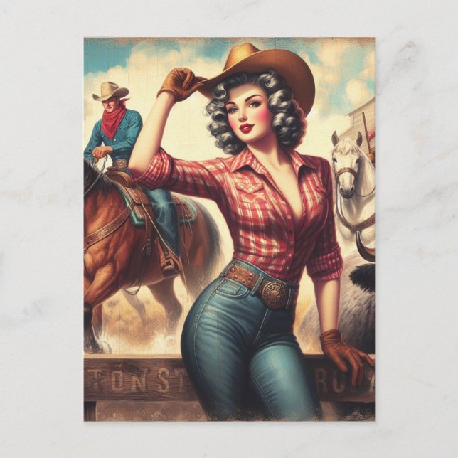 Vintag Western Cowgirl Postkarte (Vorderseite)