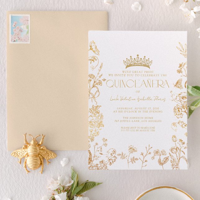 Vintag White Gold Tiara Floral Quinceañera Einladung (Von Creator hochgeladen)