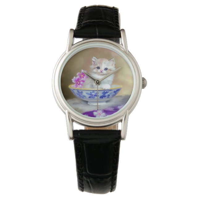 Vintag White Kitten Illustration Armbanduhr (Vorderseite)