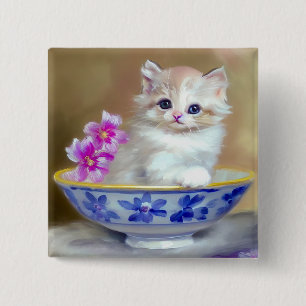 Vintag White Kitten Illustration Button