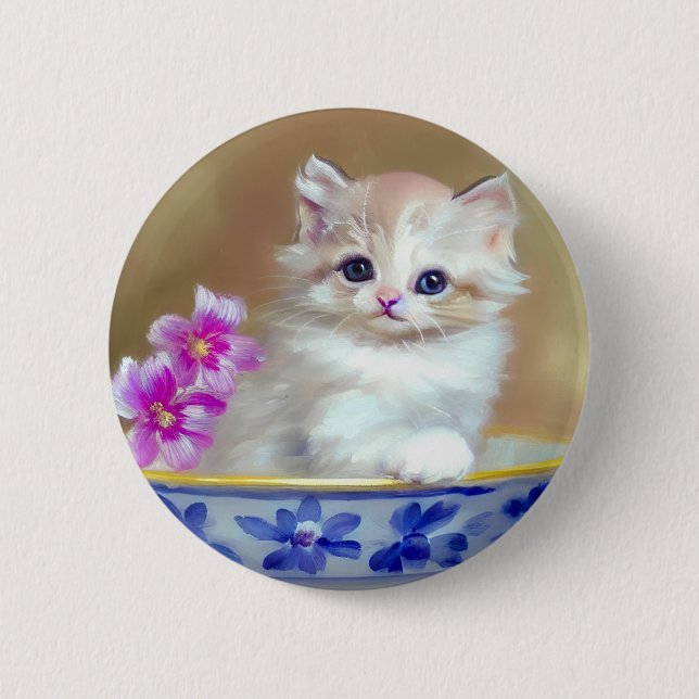 Vintag White Kitten Illustration Button (Vorderseite)
