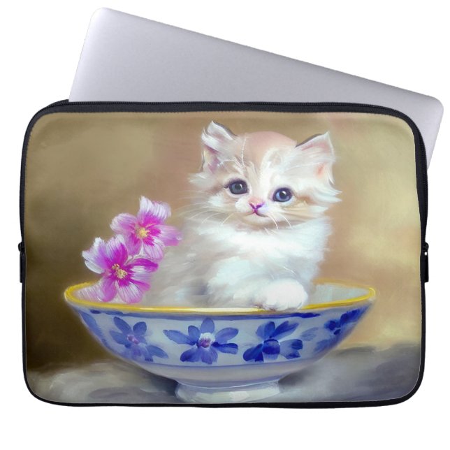 Vintag White Kitten Illustration Laptopschutzhülle (Vorderseite)