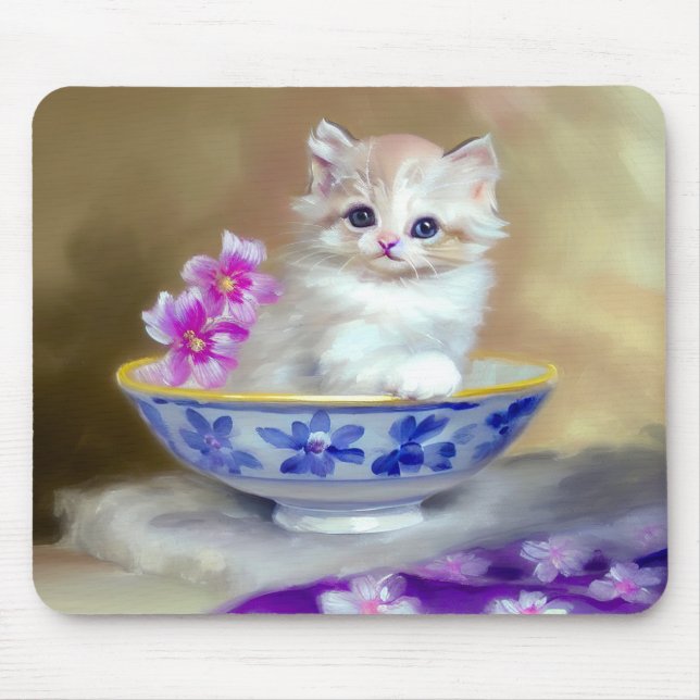 Vintag White Kitten Illustration Mousepad (Vorne)