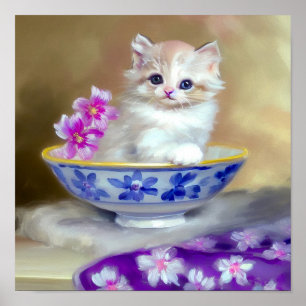 Vintag White Kitten Illustration Poster