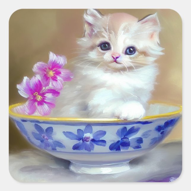 Vintag White Kitten Illustration Quadratischer Aufkleber (Vorderseite)