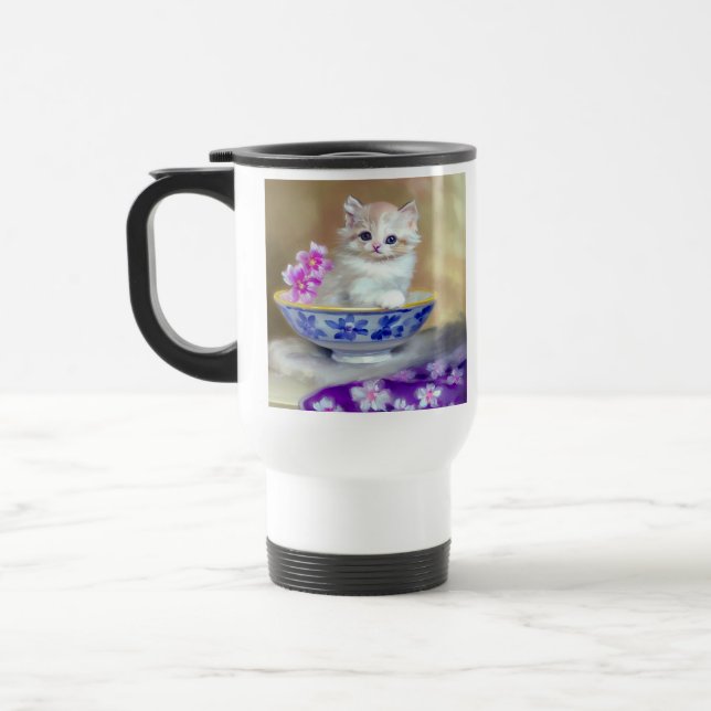 Vintag White Kitten Illustration Reisebecher (Links)
