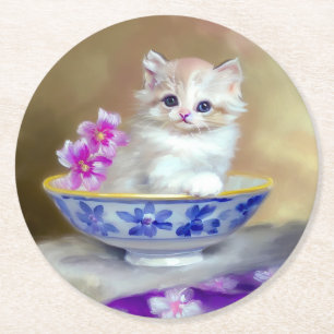 Vintag White Kitten Illustration Runder Pappuntersetzer