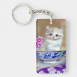 Vintag White Kitten Illustration Schlüsselanhänger