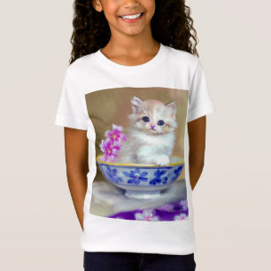 Vintag White Kitten Illustration T-Shirt