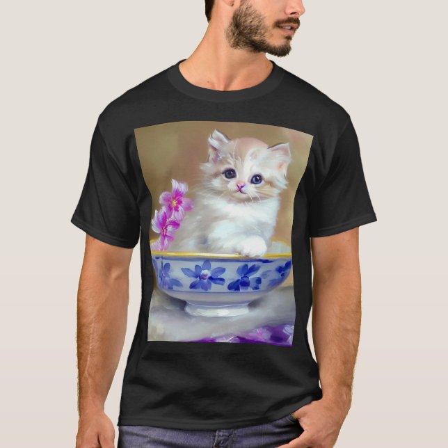 Vintag White Kitten Illustration T-Shirt (Vorderseite)