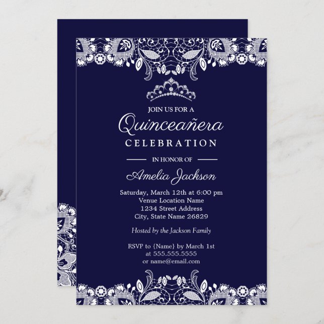 Vintag White Lace Tiara Navy Quinceanera Einladung (Vorne/Hinten)