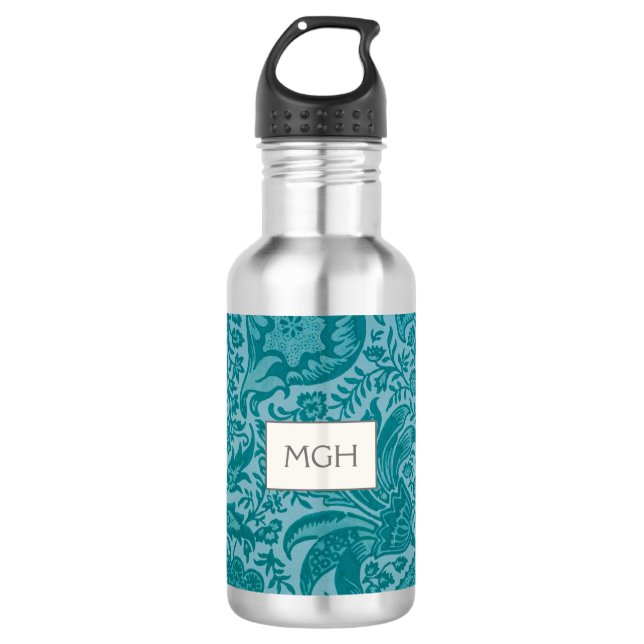 Vintag William Morris Aquamarin Botanisches Monogr Edelstahlflasche (Vorderseite)