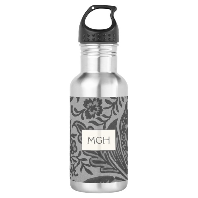 Vintag William Morris Gray Botanical Monogram Edelstahlflasche (Vorderseite)