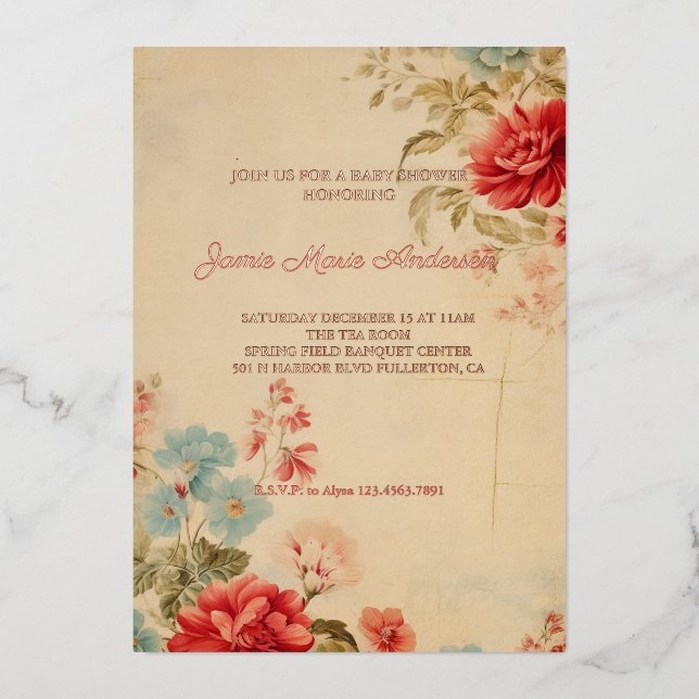 Vintag Winter Floral Weihnachtsdusche Folieneinladung (Vorderseite)