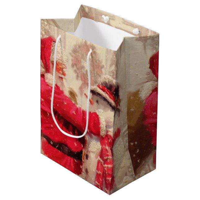 Vintag Winter Weihnachten Weihnachtsmann Snowman Mittlere Geschenktüte (Vorderseite Schrägansicht)