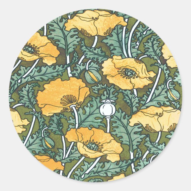 Vintag Yellow Art Nouveau Poppy Runder Aufkleber (Vorderseite)