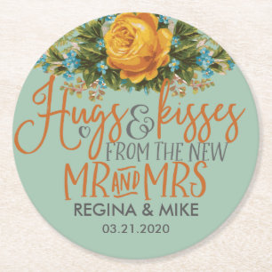 Vintag Yellow Rose Hugs Kisses New Mr. Wedding Runder Pappuntersetzer