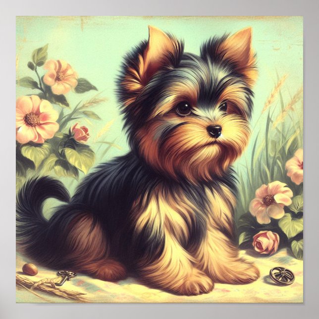 Vintag Yorkshire Terrier Painting Poster (Vorne)