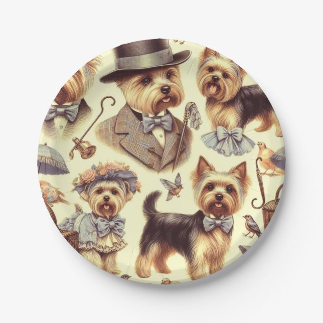 Vintag Yorkshire Terrier Seamless Pappteller (Vorderseite)