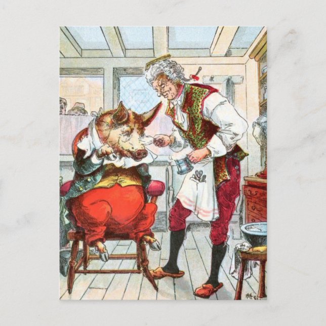Vintag Zeichnend: Barber Shave a Pig Postkarte (Vorderseite)