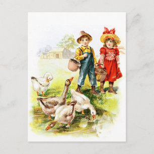 Vintag Zeichnend: Fütternd Gänse Postkarte