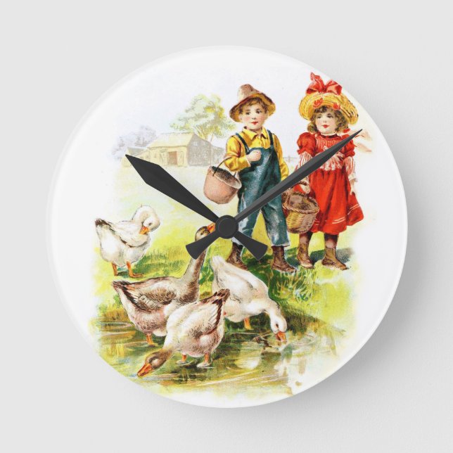 Vintag Zeichnend: Fütternd Gänse Runde Wanduhr (Vorderseite)