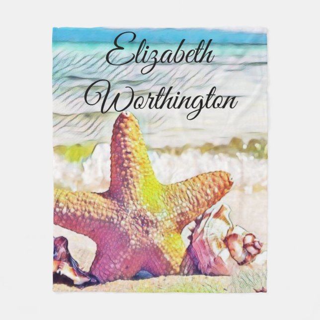 Vintag Zeichnend Pink Yellow Star Seashells Fleecedecke (Vorderseite)
