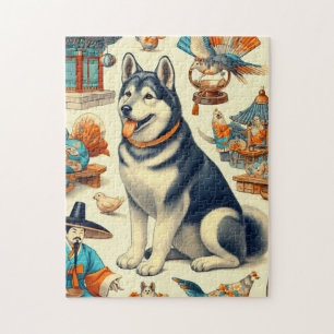 Vintagae Korean Jindo Dog Illustration Puzzle