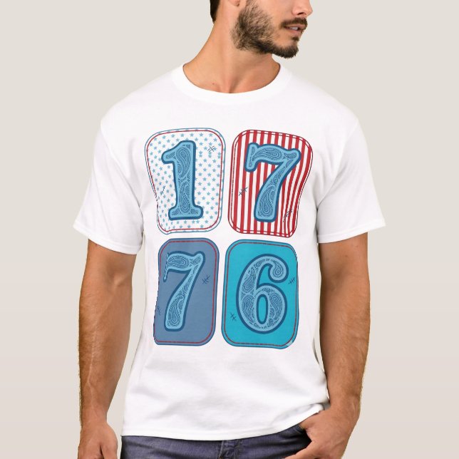 Vintage 1776 patriotisches Patchwork T-Shirt (Vorderseite)
