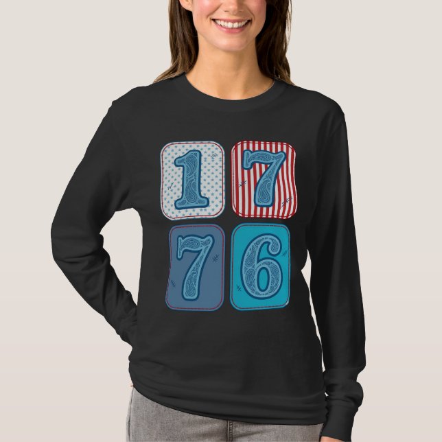 Vintage 1776 patriotisches Patchwork T-Shirt (Vorderseite)