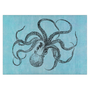 Vintage 1800er Oktopus Wasserfarbe Blau Schneidebrett