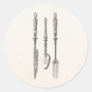 Vintage 1800s Messer-Gabel-Löffel-Messer-altes Runder Aufkleber