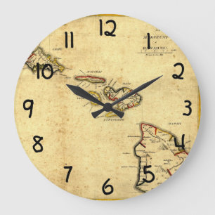 Vintage 1837 Hawaii-Karte - hawaiische Inseln Große Wanduhr