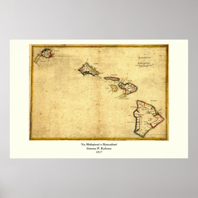 Vintage 1837 Hawaii Map - Hawaiian Islands Poster (Vorne)