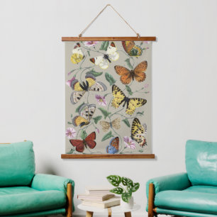 Vintage 1842 Schmetterling Motte Botanische Floral Wandteppich Mit Holzrahmen