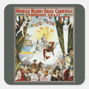 Vintage 1900 Mobile Mardi Gras Karneval Poster Kun Quadratischer Aufkleber