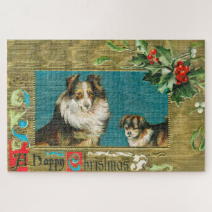 Vintage 1908 Collie-Hunde Gold Frohe Weihnachten Puzzle