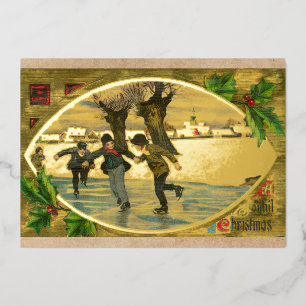Vintage 1909 Jungen Eislaufen Gold Folien Feiertagskarte