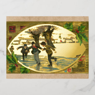 Vintage 1909 Jungen Eislaufen Gold Weihnachten Gol Folien Feiertagspostkarte