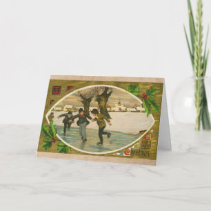 Vintage 1909 Jungen Eislaufen Gold Weihnachten Karte