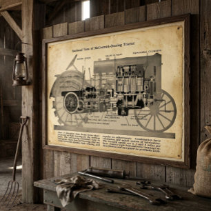 Vintage 1913 Schnittansicht eines Traktors Poster